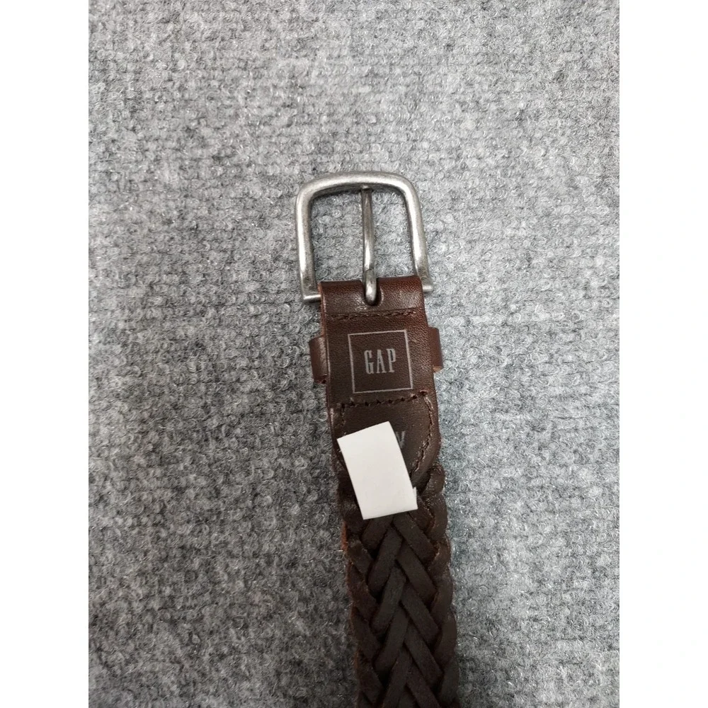 Gap Women Braided Belt 34W Brown Leather Silver Buckle Adjustable Holes Casual
